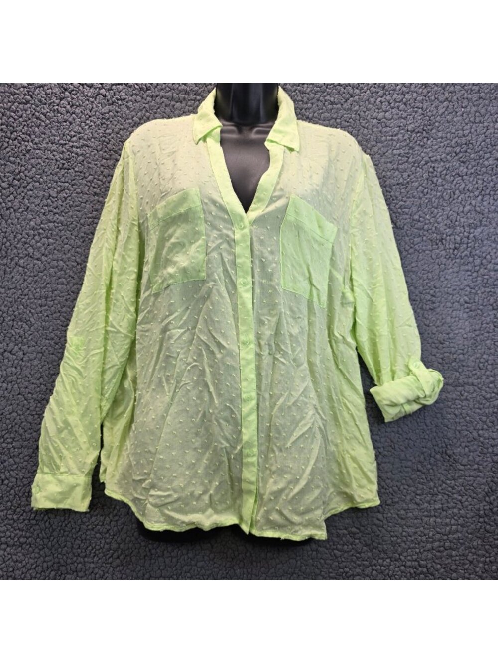Candies Swiss Dot Roll Tab Blouse L Green Casual Coastal Beach Festival Indie